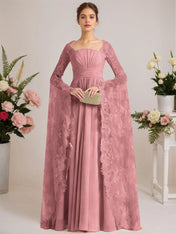 A-line Square Floor-Length Chiffon Lace Evening Dress With Beading Pleated