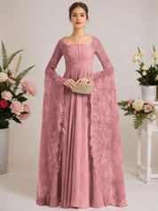 A-line Square Floor-Length Chiffon Lace Evening Dress With Beading Pleated