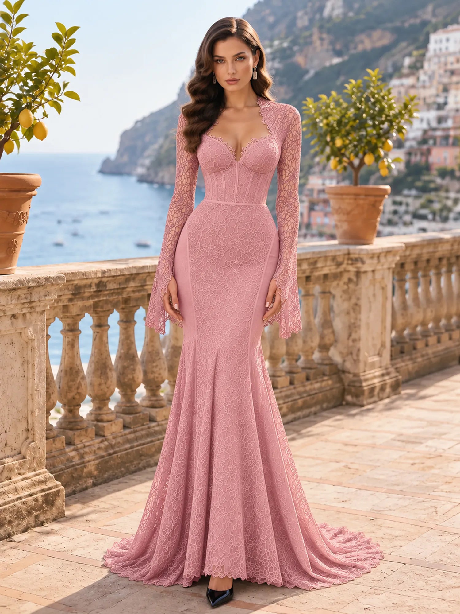 Long-Sleeve Lace-Trimmed Mermaid Evening Dress
