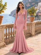 Long-Sleeve Lace-Trimmed Mermaid Evening Dress