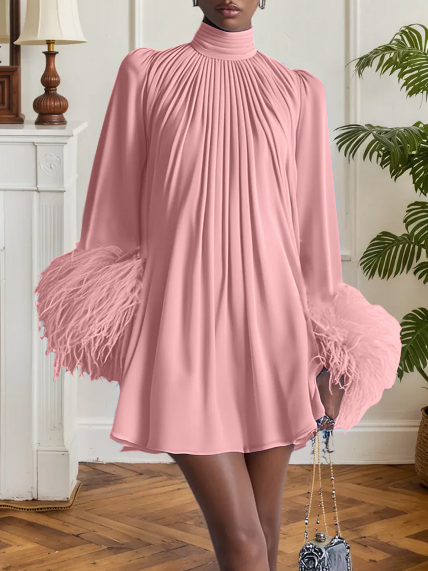 Blue Feather Ruched Chiffon Mock Neck Long Sleeve A-Line Mini Dress