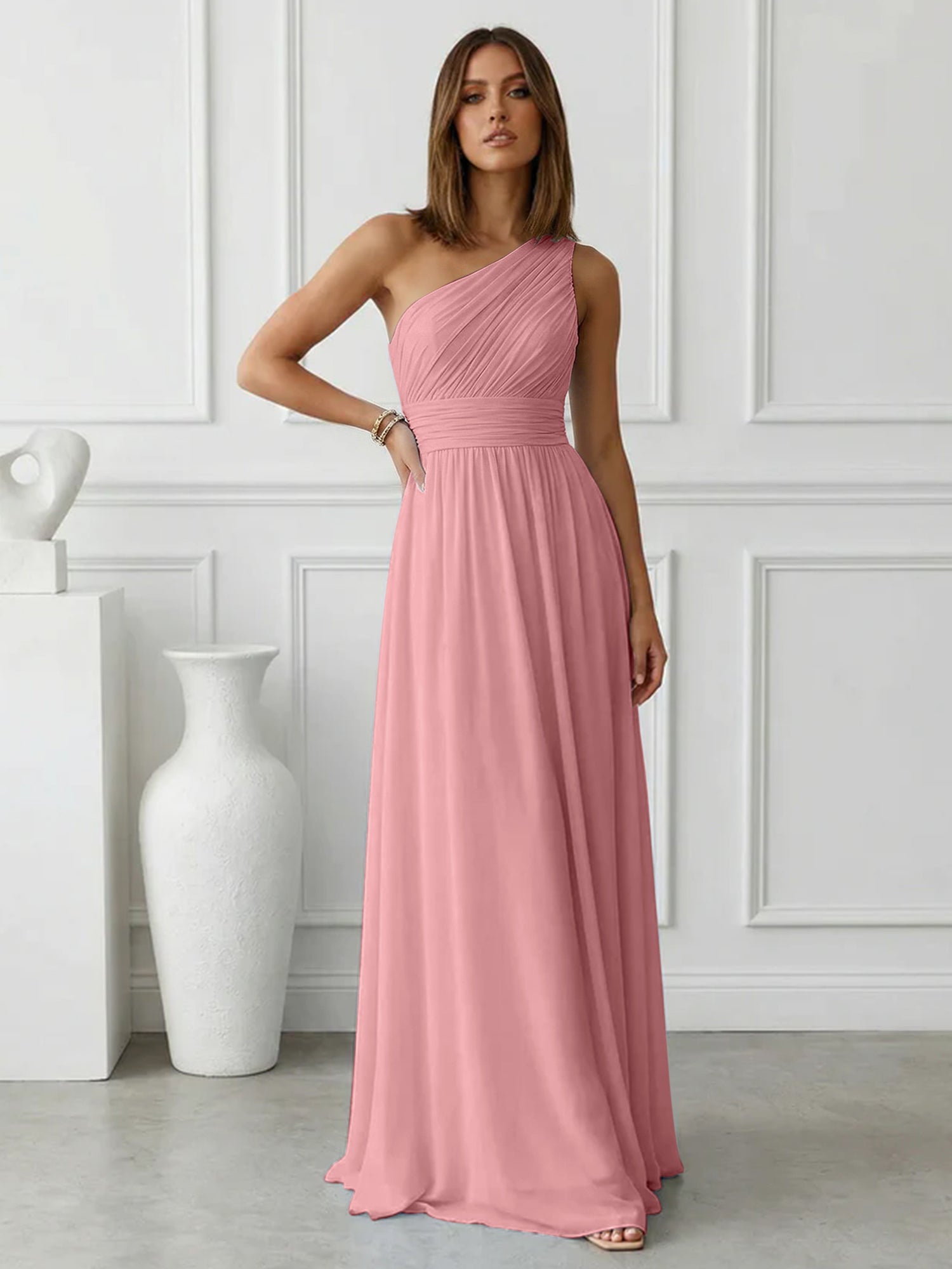 Timeless Light Blue One-Shoulder Maxi Dress Ruched Chiffon Gown