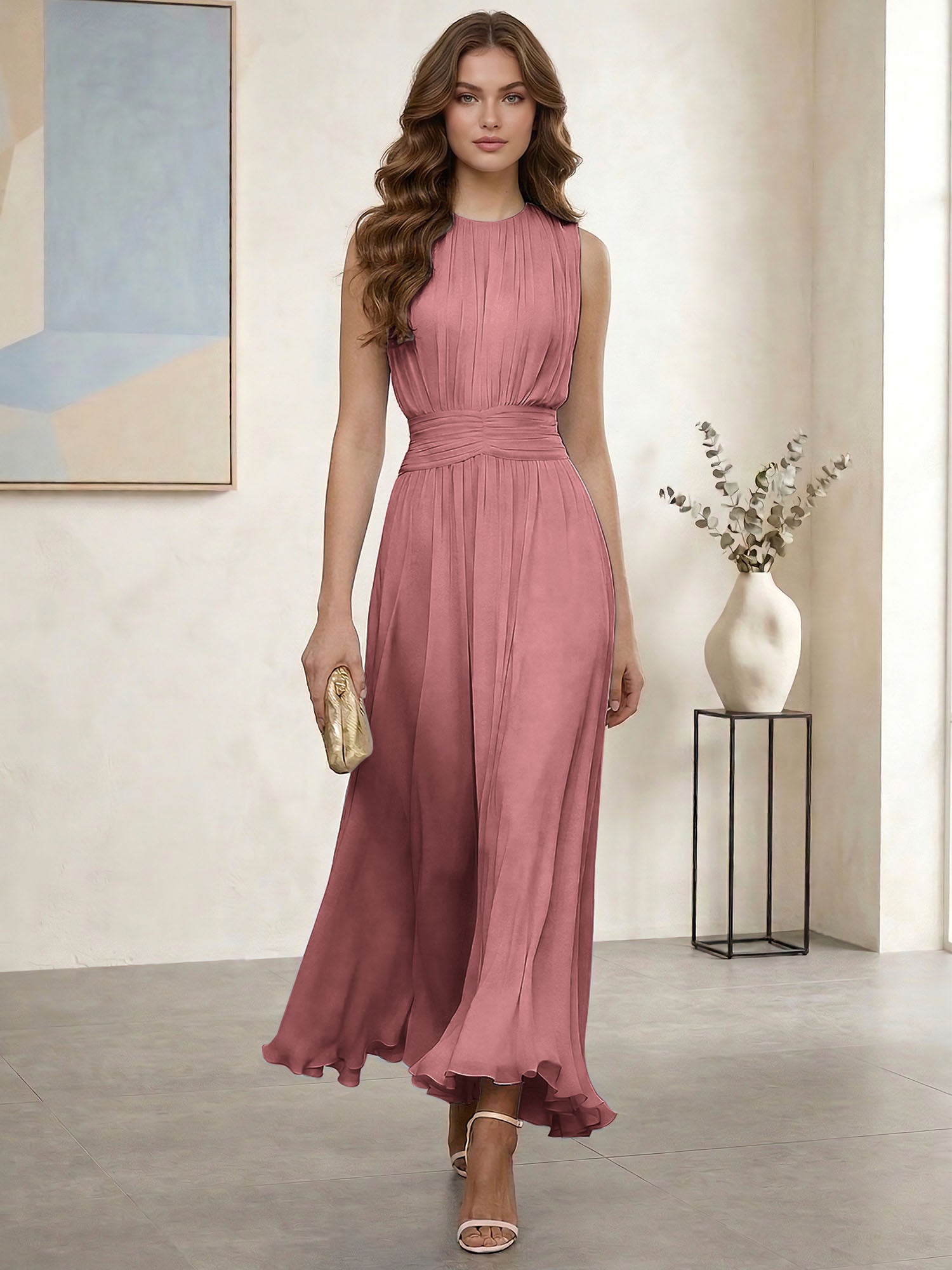 Ethereal Formal Evening Dress Ice Blue Pleated Chiffon Maxi Gown