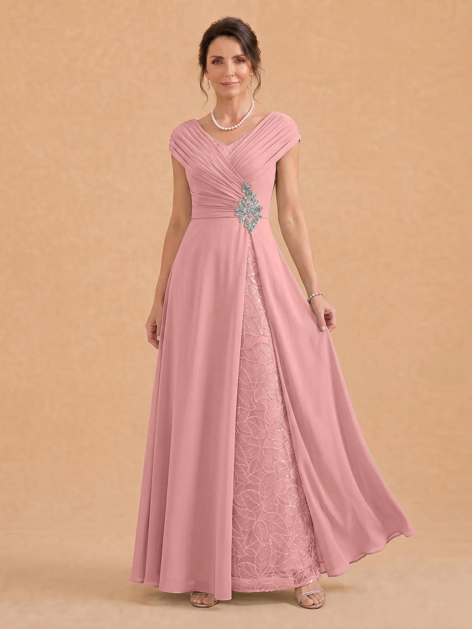 V-Neck Ruched Chiffon A-Line Mother of the Bride Dress with Crystal Brooch