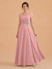 V-Neck Ruched Chiffon A-Line Mother of the Bride Dress with Crystal Brooch