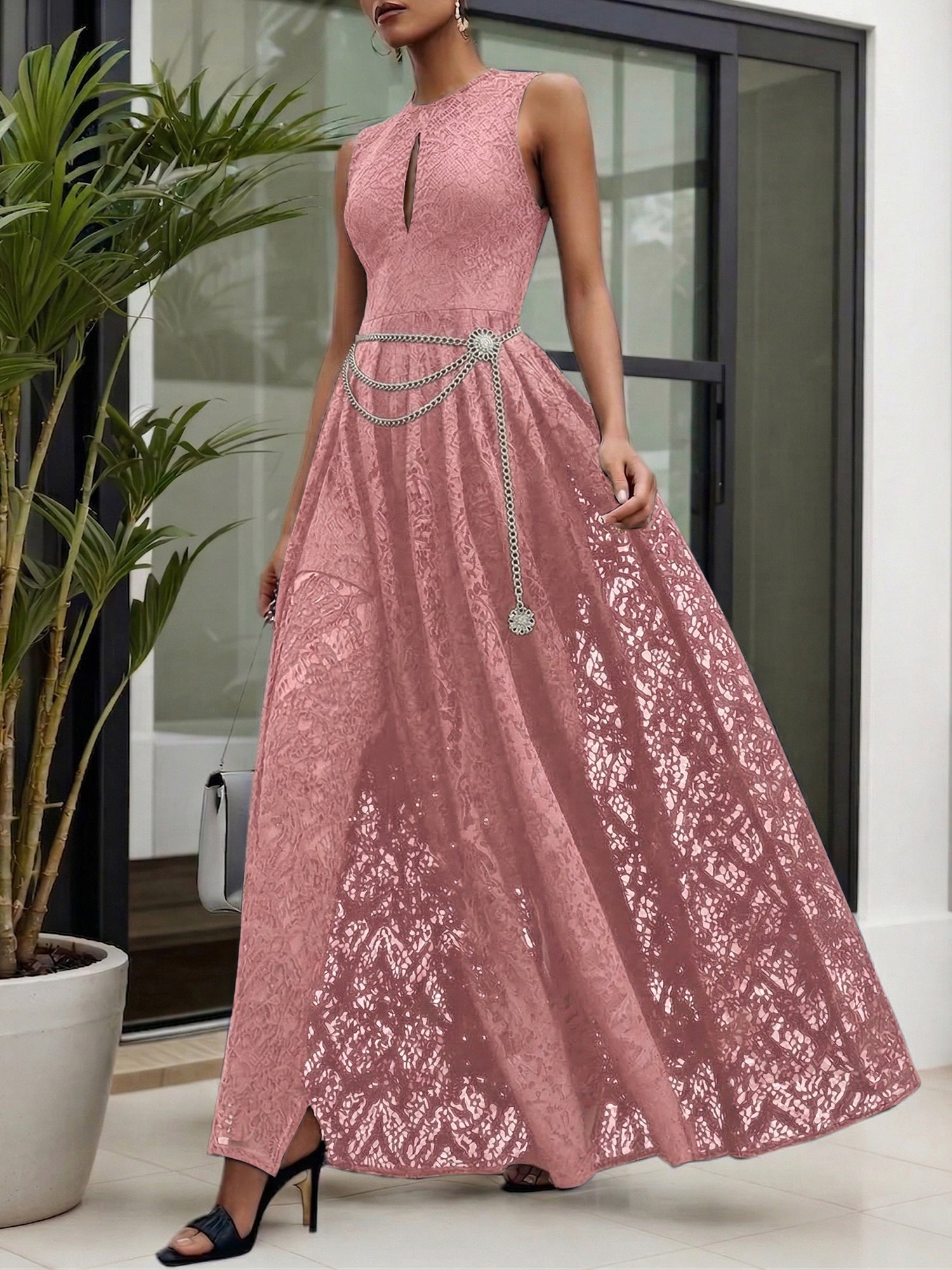 Midnight Black Lace Hollow Out Crew Neck Sleeveless A-Line Maxi Dress