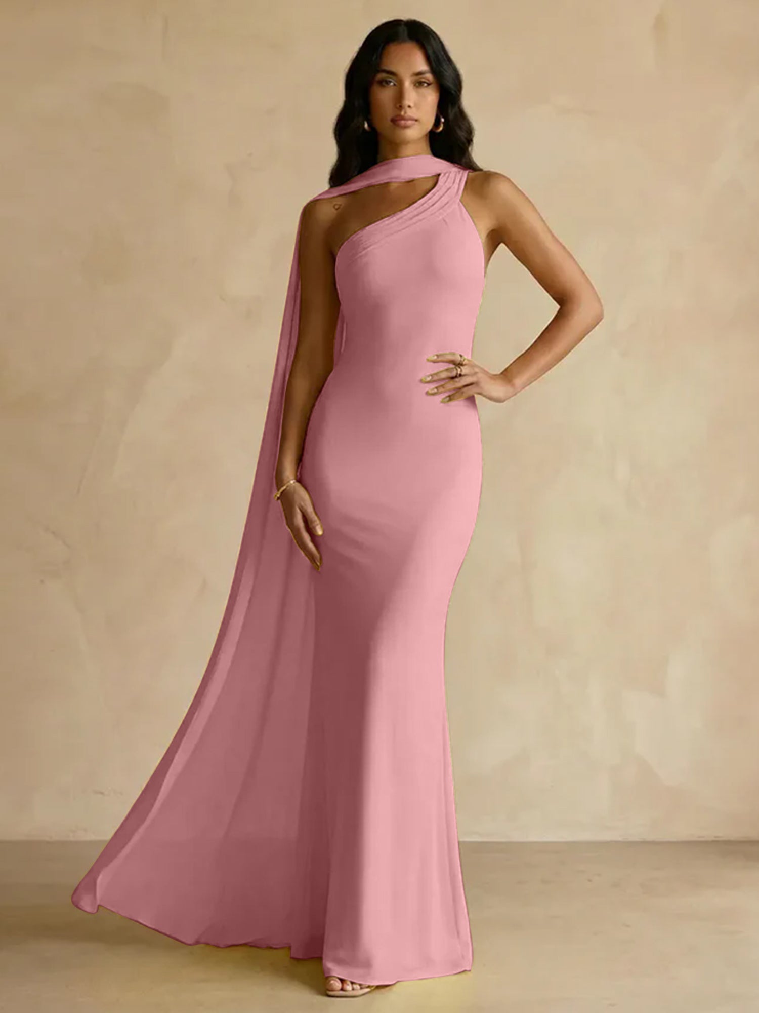 Yellow One-Shoulder Crepe Sheath Gown with Flowing Chiffon Cape Train