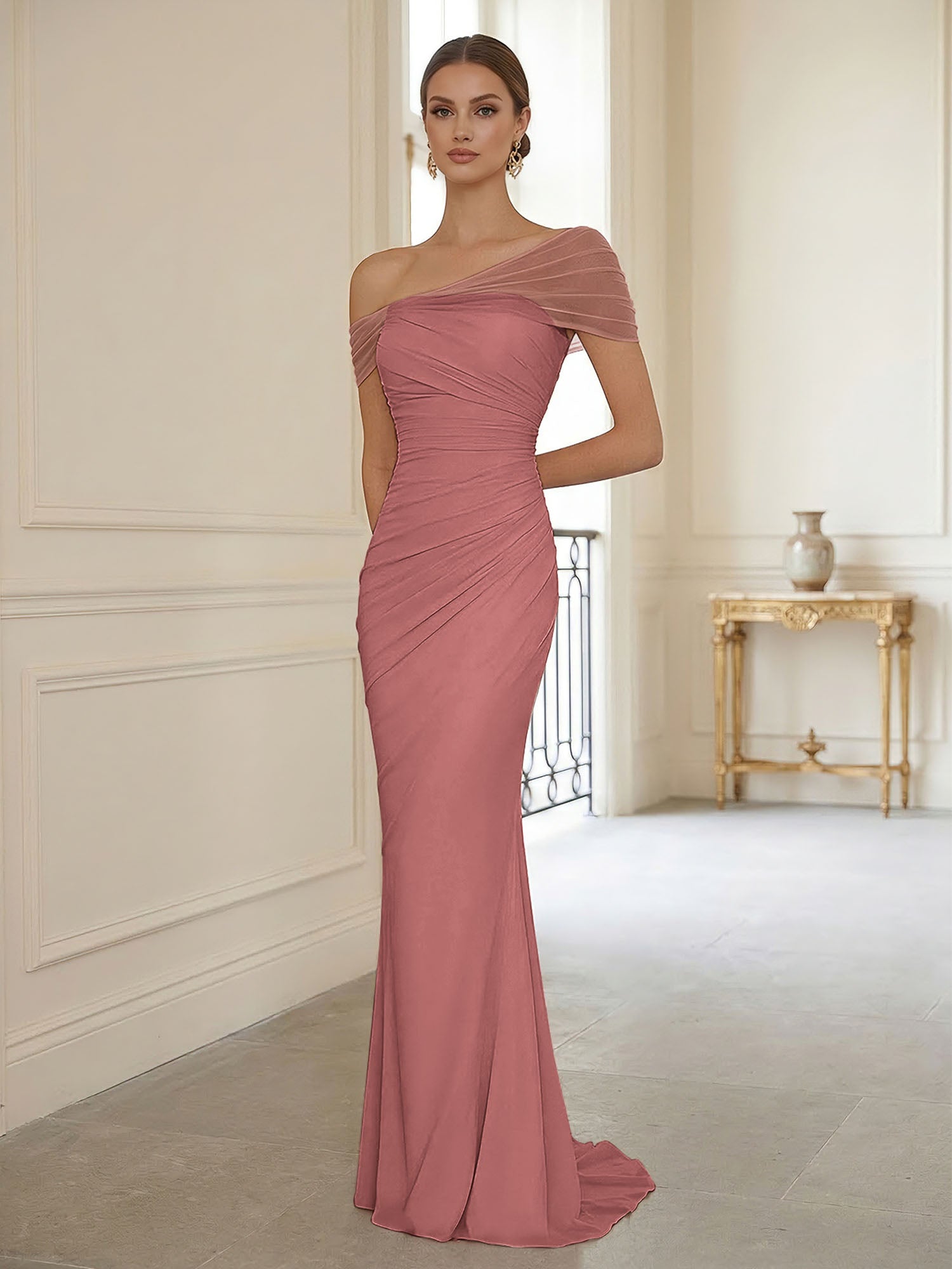 Sophisticated Blush Pink Asymmetrical Ruched Maxi Dress Evening Gown