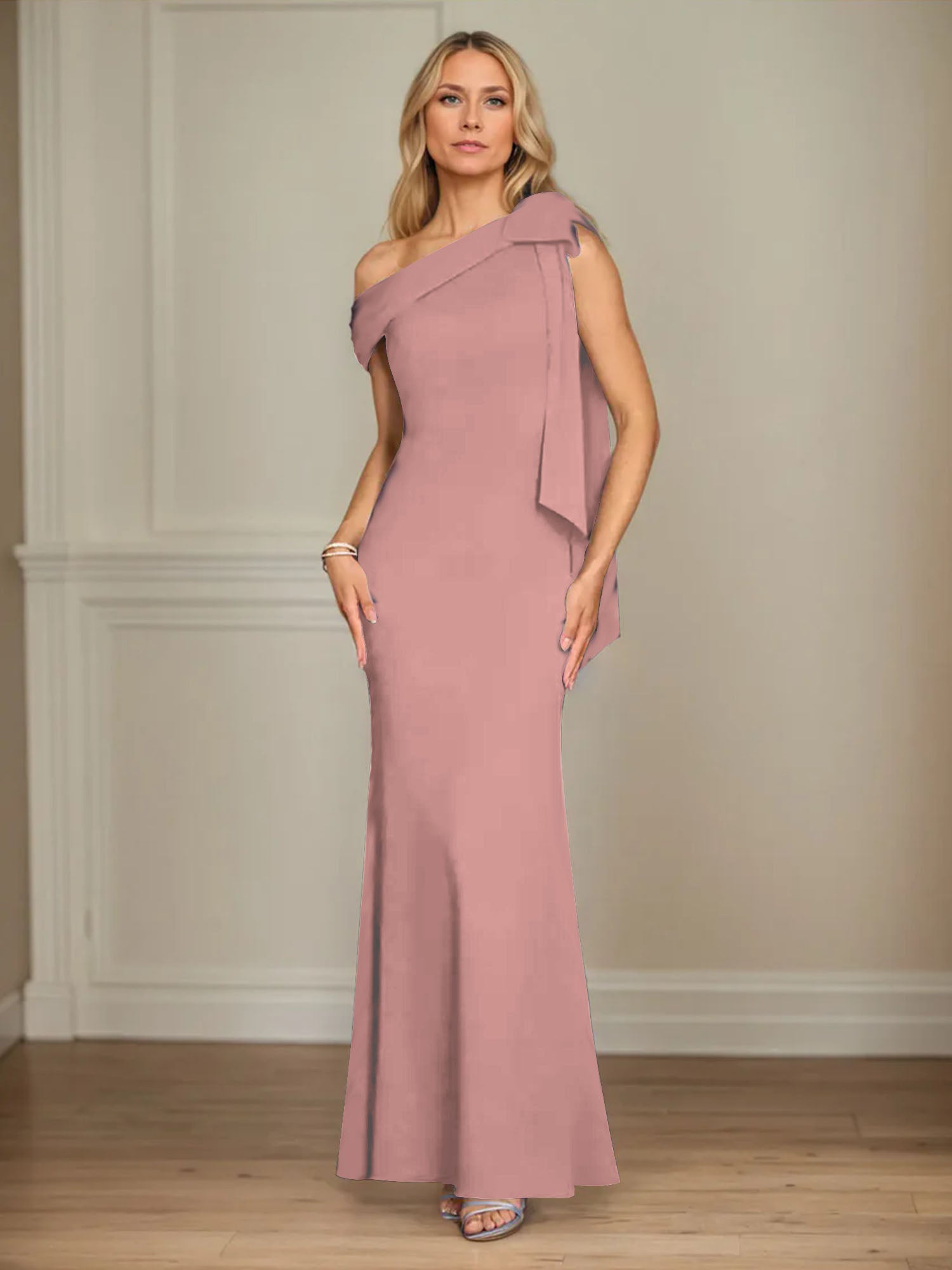 Mermaid One Shoulder Sleeveless Stretch Crepe Mother of the Bride Dress With Bow