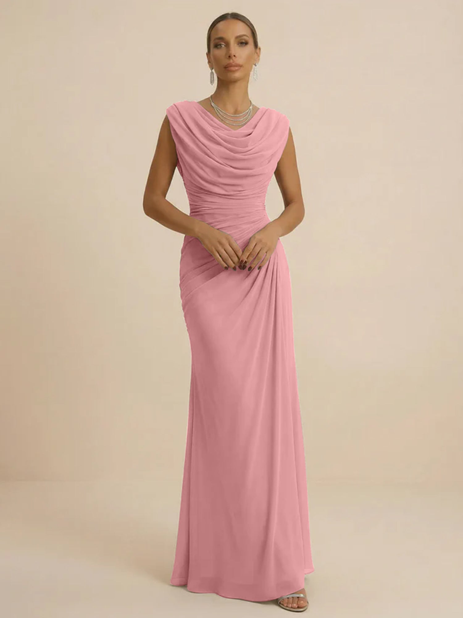 Dusty Grey Draped Cowl Neck Ruched Chiffon Evening Dresses