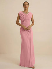 Dusty Grey Draped Cowl Neck Ruched Chiffon Evening Dresses