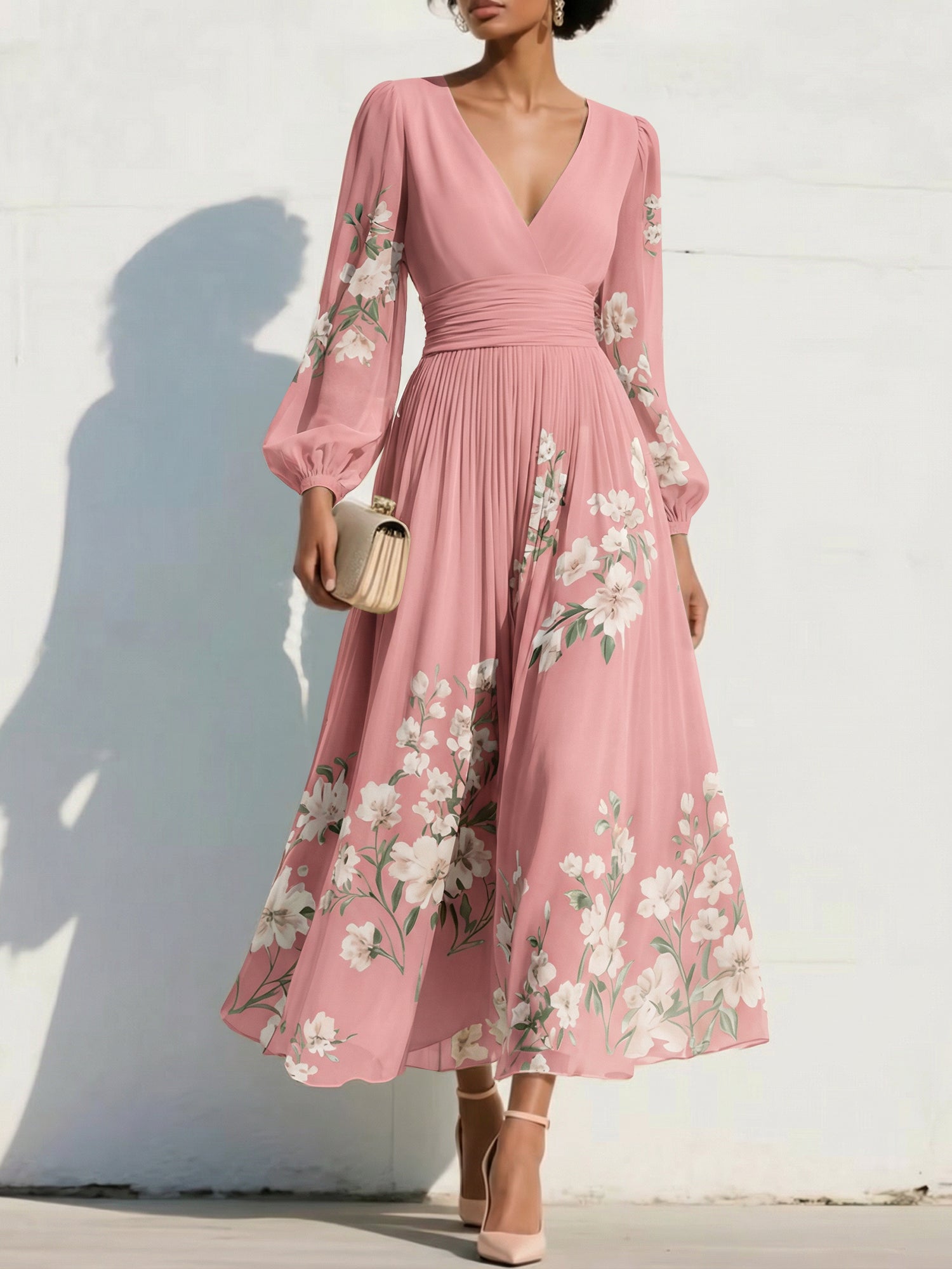Elegant Floral V-Neck Pleated Midi Dress with Long Sleeves