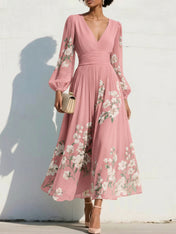 Elegant Floral V-Neck Pleated Midi Dress with Long Sleeves