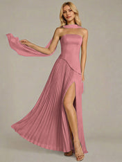 Navy A Line Satin Off The Shoulder Sleeveless Floor Length Dress