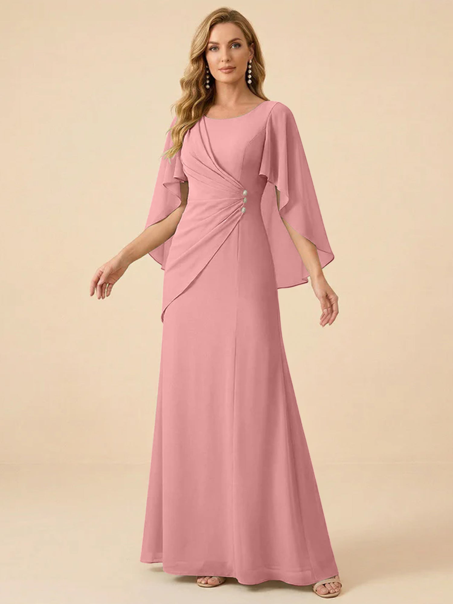 Sage Green Chiffon Beaded Mother of the Bride Dress with Cape Sleeves