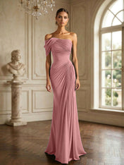 One Shoulder Pleat Mermaid Chiffon Evening Dresses for Women Gown