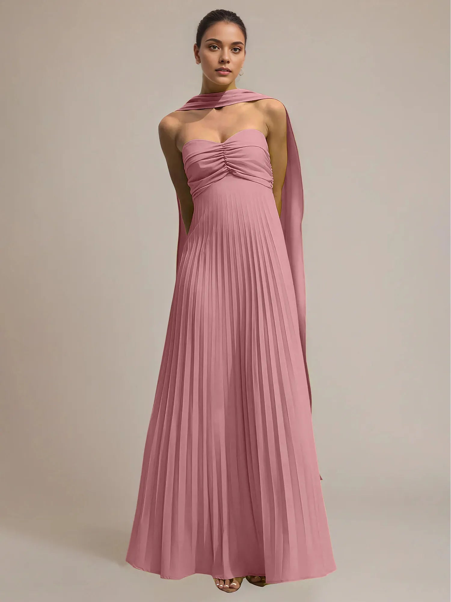 Green Chiffon A Line Off The Shoulder Sleeveless Floor Length Pleated Dress