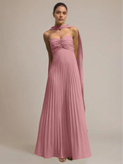 Green Chiffon A Line Off The Shoulder Sleeveless Floor Length Pleated Dress