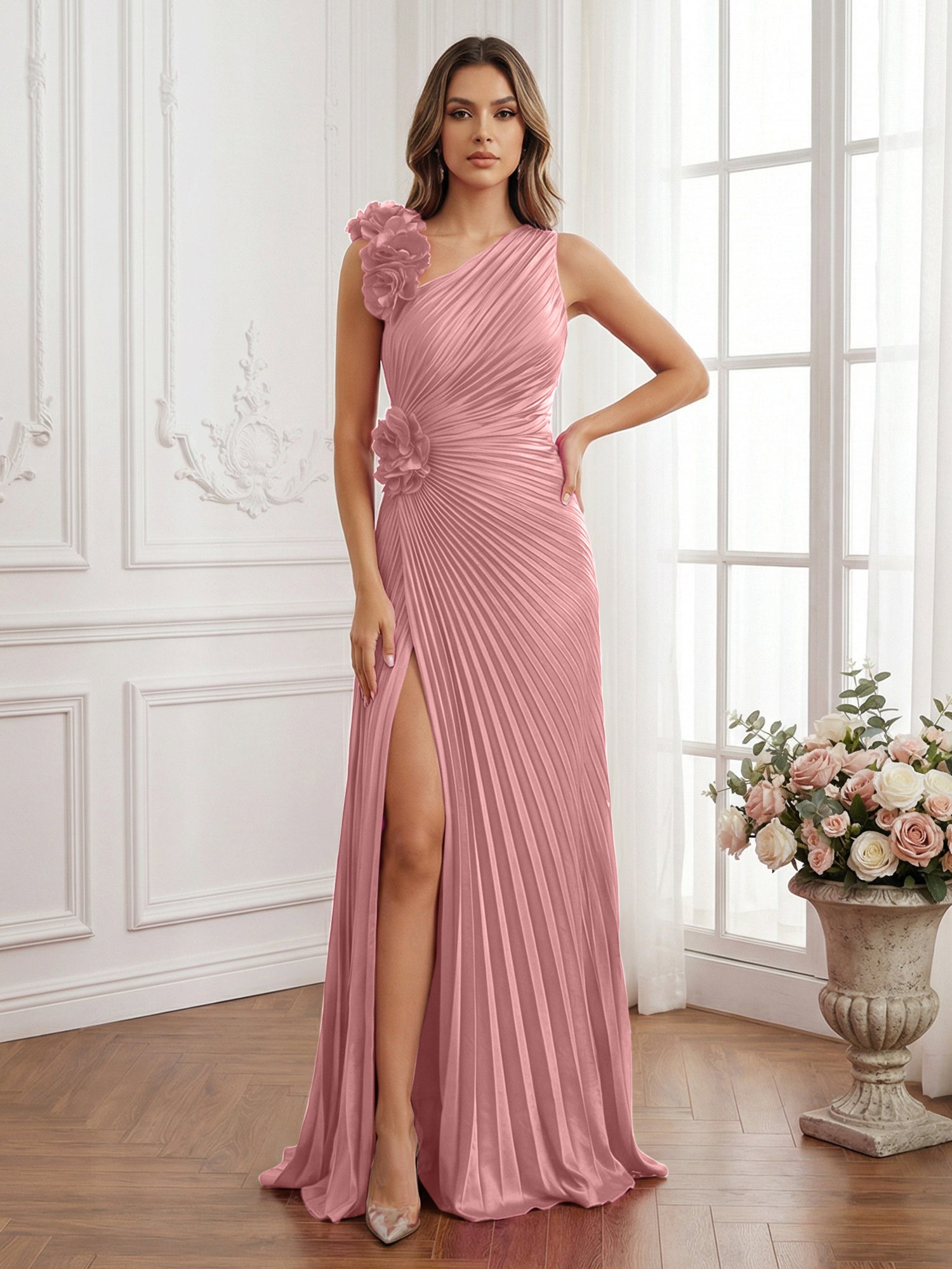 Olive Green Pleated One-Shoulder Prom Dress with 3D Rosettes