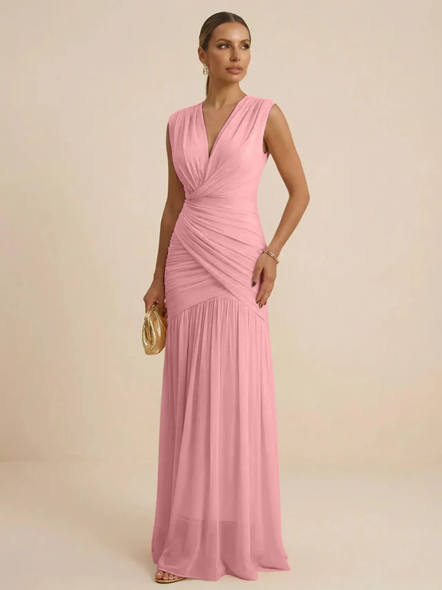 Pink Regular Straps V Neck Chiffon Pleat Mermaid Maxi Dress
