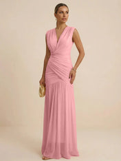 Pink Regular Straps V Neck Chiffon Pleat Mermaid Maxi Dress