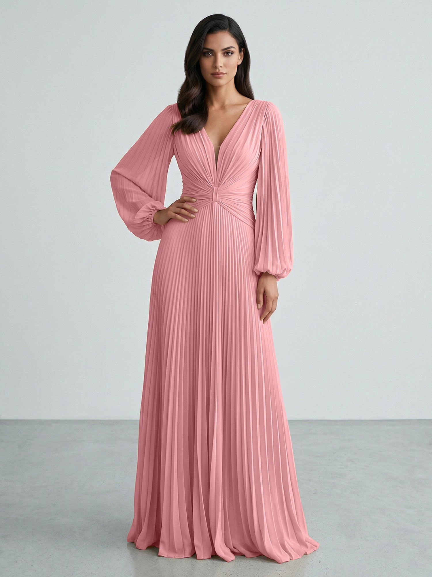 Slate Blue Plunging V-Neck Pleated Long Sleeve Maxi Dress Gown