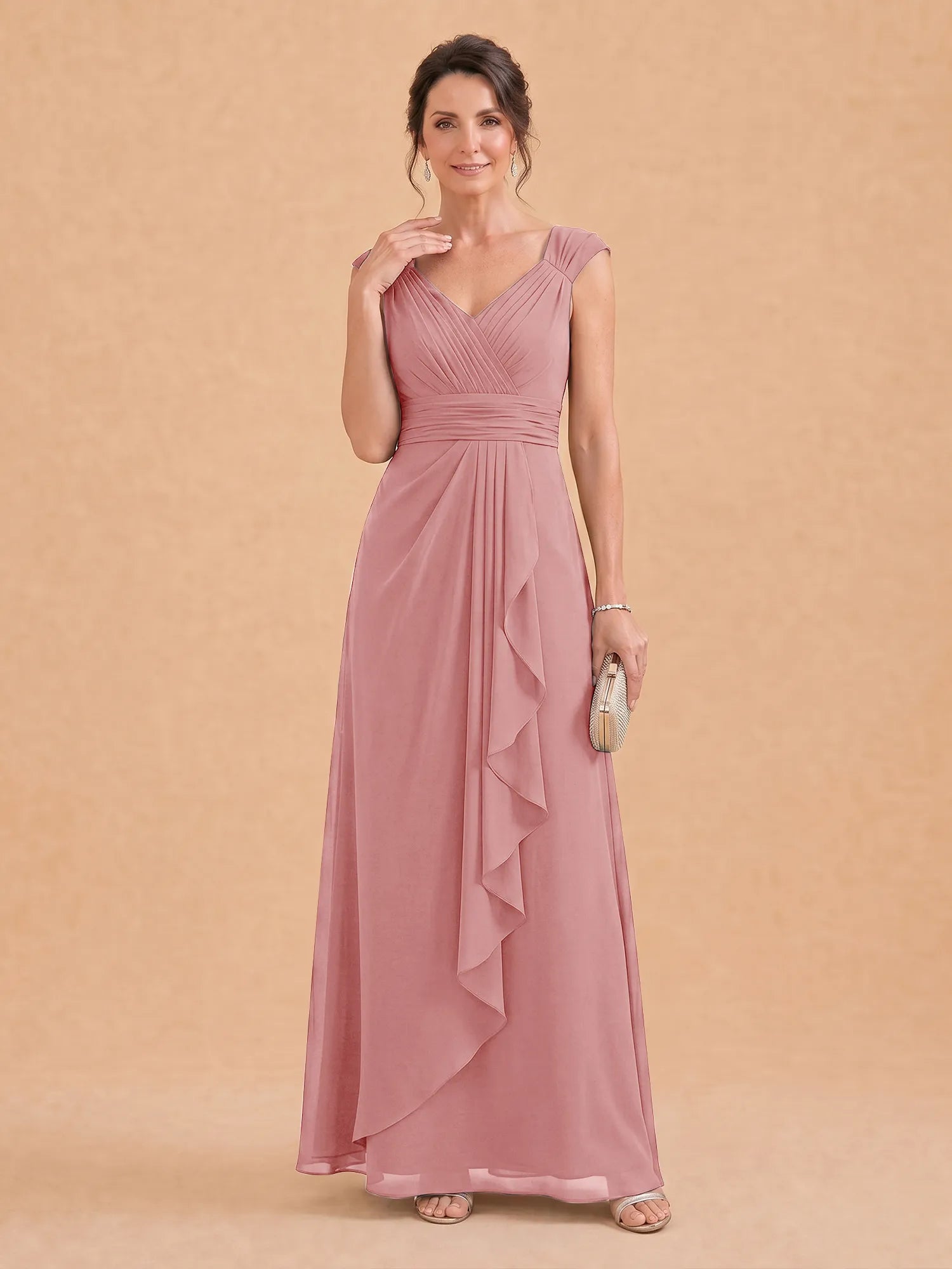 V-Neck Ruched Chiffon A-Line Mother of the Bride Dress with Cascading Ruffle