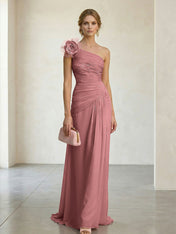 Blush Pink One-Shoulder Ruched 3D Floral Gown Dress