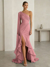 Glamorous Midnight Navy Formal Evening Dress One-Shoulder Ruched Cape Gown
