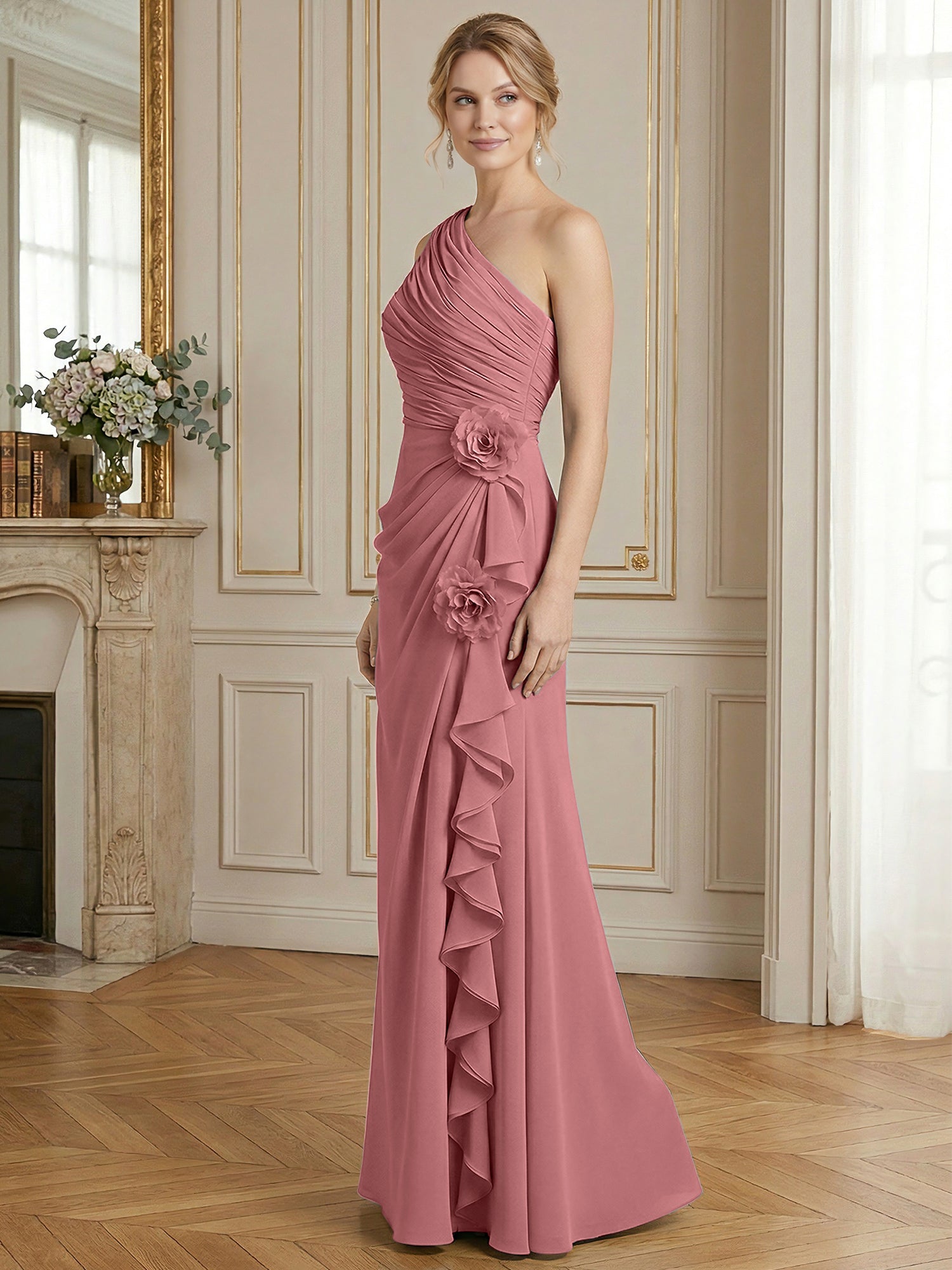 Dusty Blue One-Shoulder Ruched Floral Maxi Dress Gown