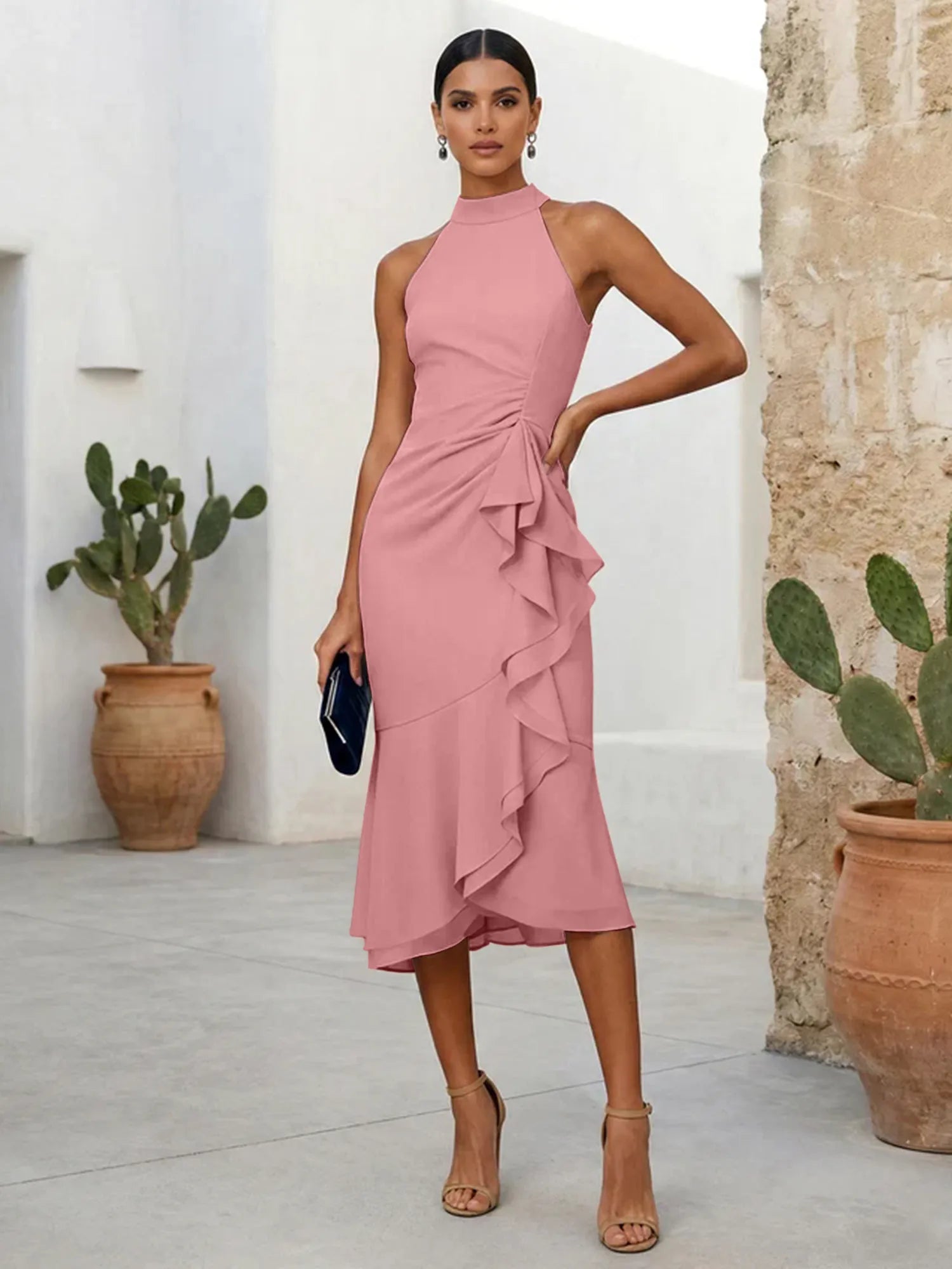 Pink High Neck Chiffon Mermaid Tea Length Evening Dress with Ruffle