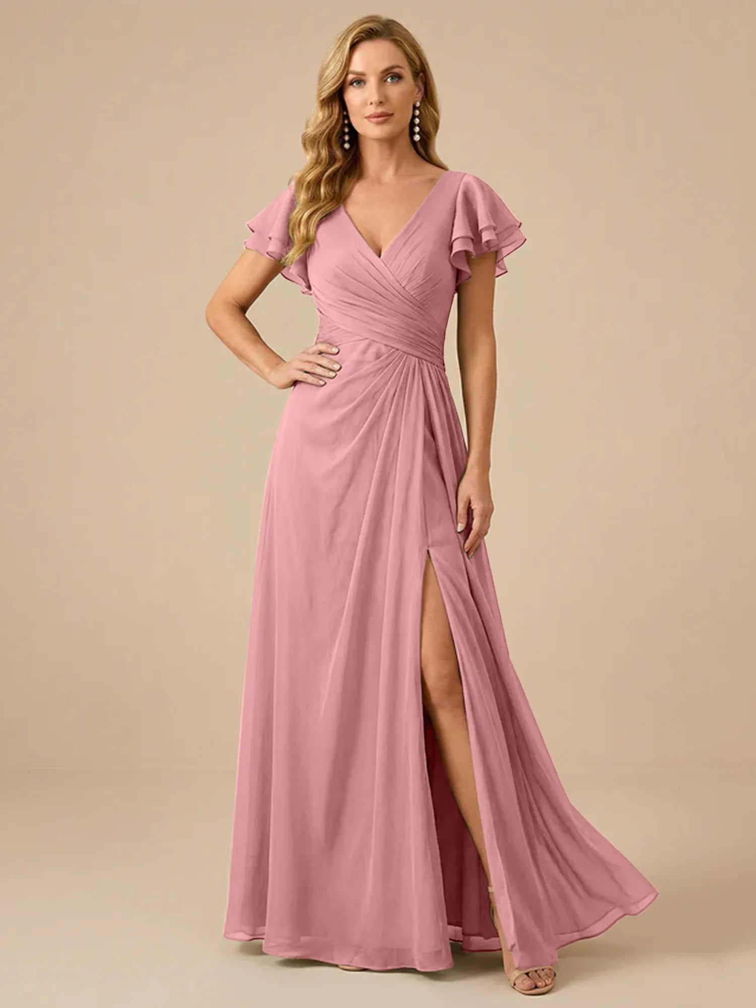 Sage Green V-Neck High-Slit Pleated Chiffon Dress