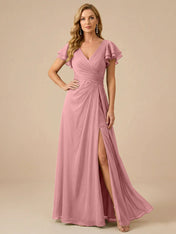 Sage Green V-Neck High-Slit Pleated Chiffon Dress
