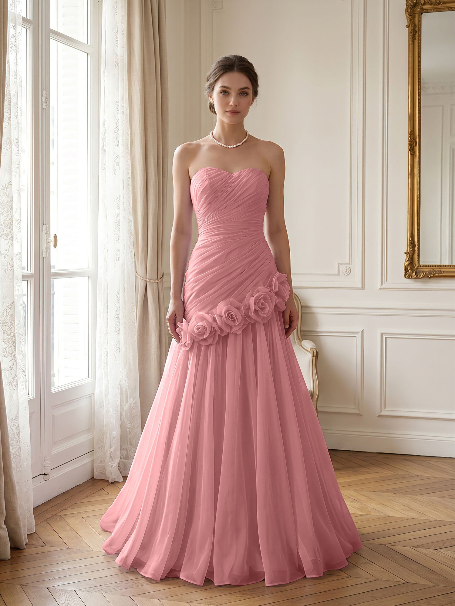 Lilac 3D Rosette Strapless Chiffon Evening Formal Gown Wedding Guest Dress