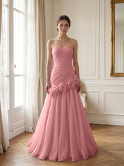 Lilac 3D Rosette Strapless Chiffon Evening Formal Gown Wedding Guest Dress