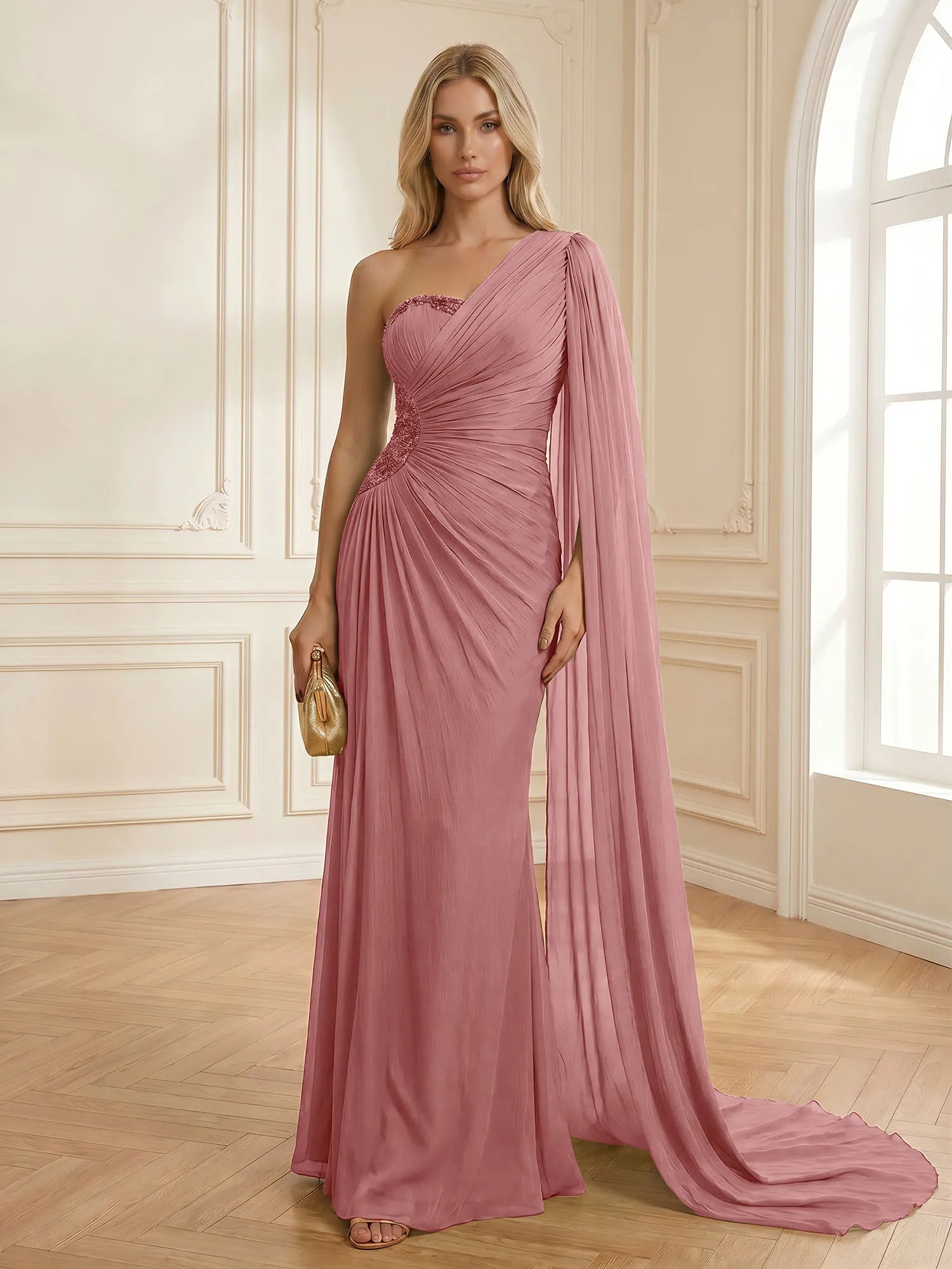 Sage Green One Shoulder Beaded Evening Gown with Cape Sleeve
