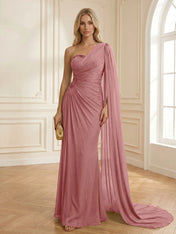 Sage Green One Shoulder Beaded Evening Gown with Cape Sleeve