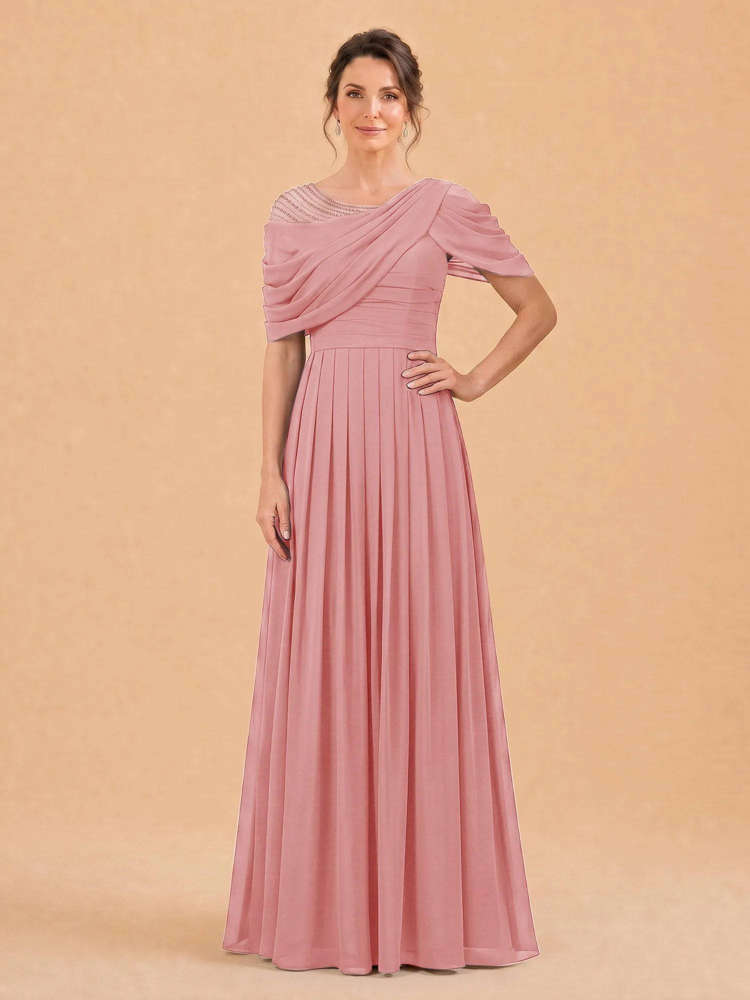 One-Shoulder Cape Overlay Chiffon Mother of the Bride Dress