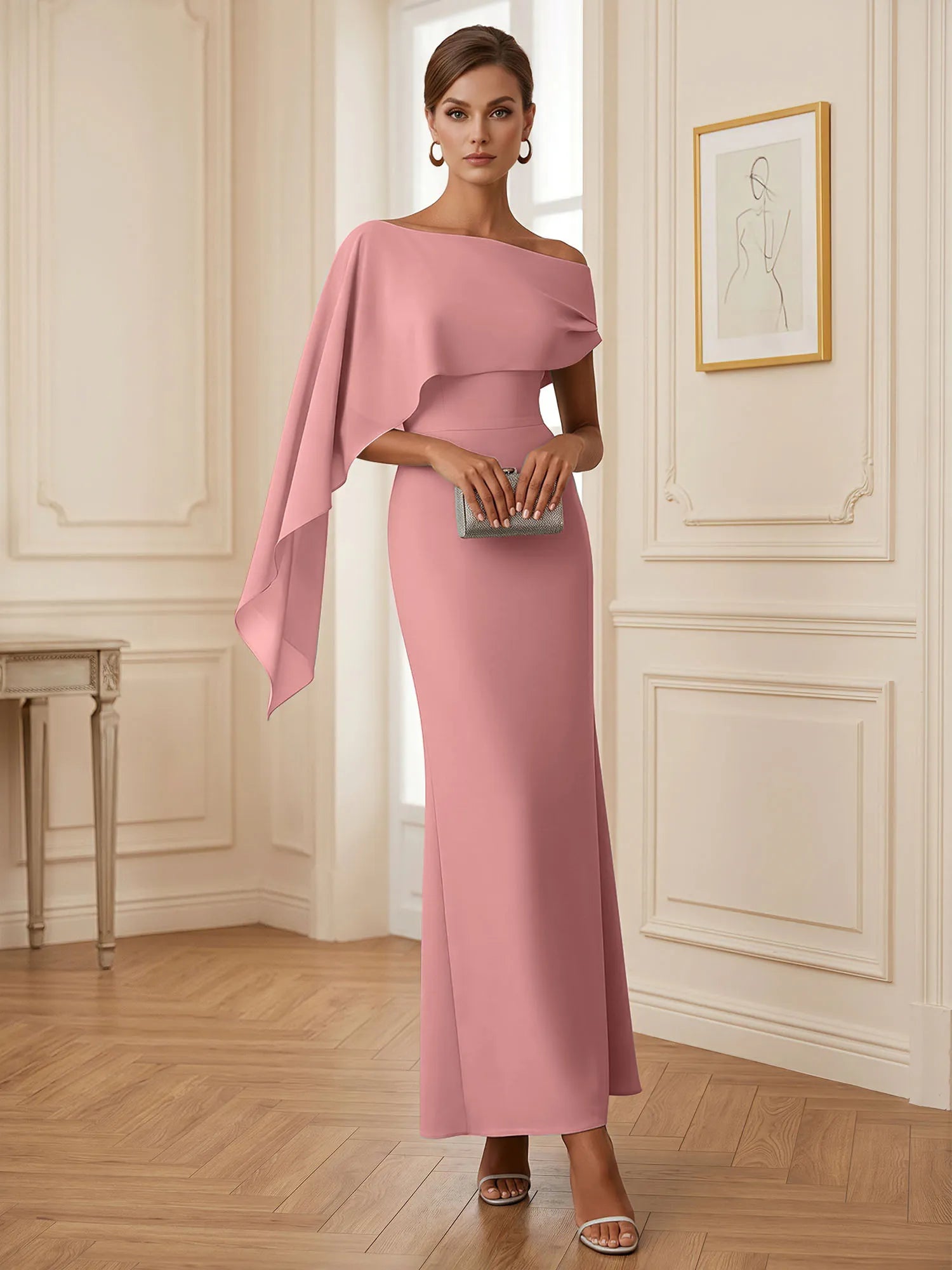 Elegant Mint Green One-Shoulder Chiffon Mermaid Formal Evening Dress with Cape and Ruffles