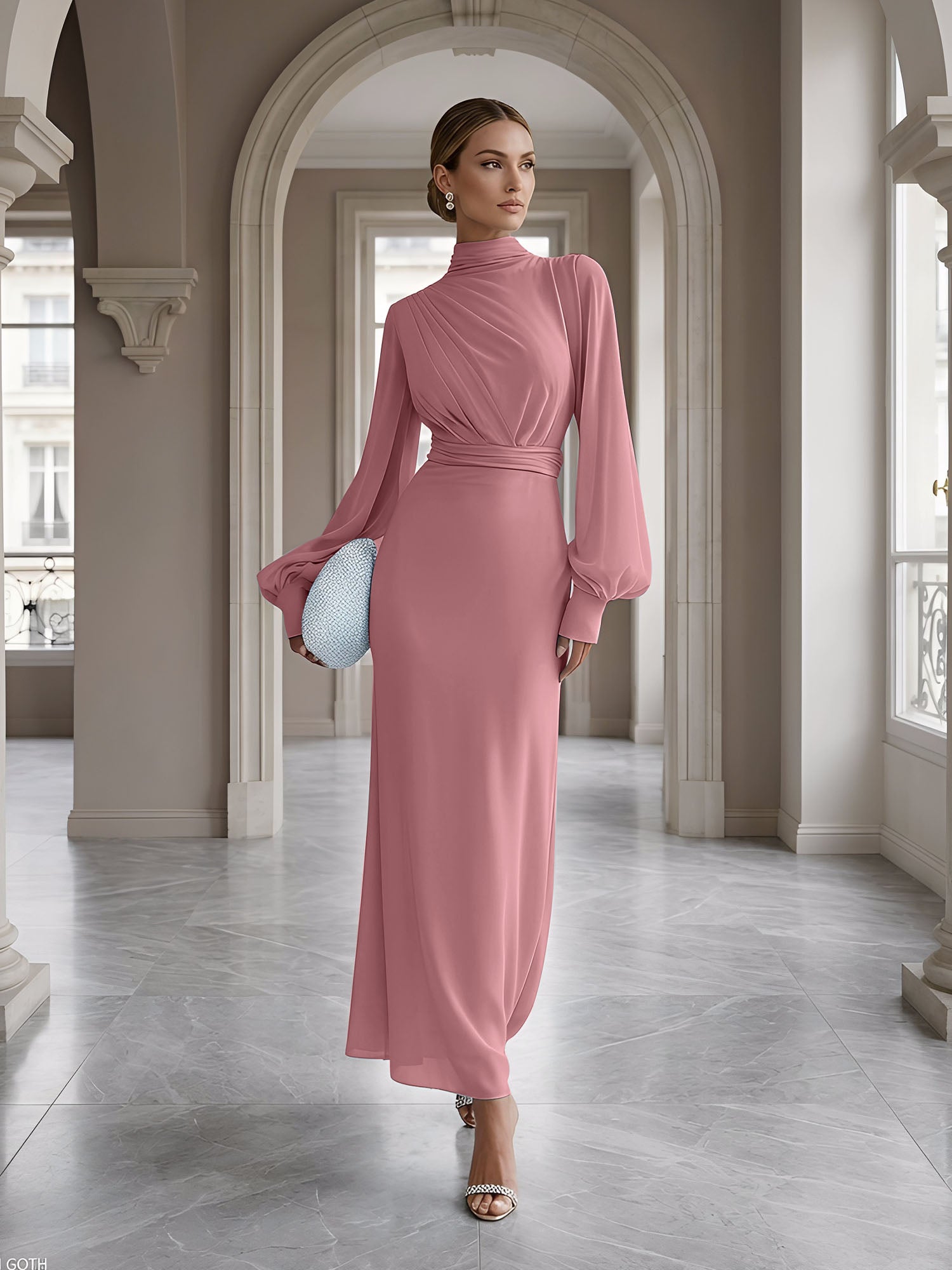 Ice Blue High-Neck Bishop Sleeve Gown Foraml Evening Dress