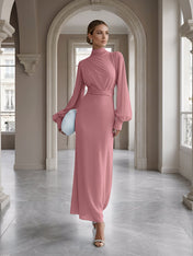 Ice Blue High-Neck Bishop Sleeve Gown Foraml Evening Dress