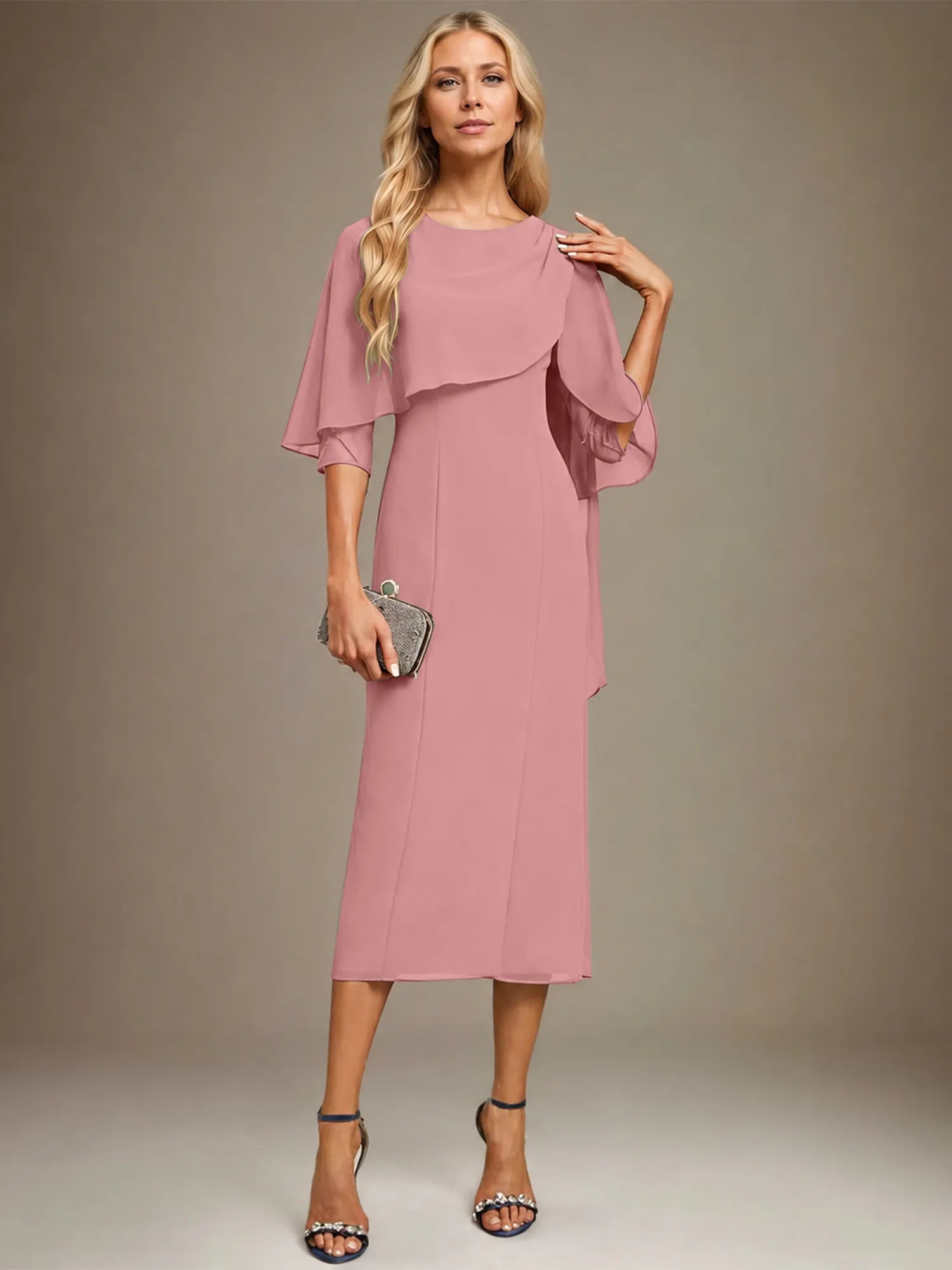 Column Scoop Tea Length Chiffon Dress With Pleated Beading