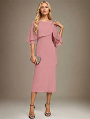 Sheath/Column Scoop Tea Length Chiffon Dress With Pleated Beading