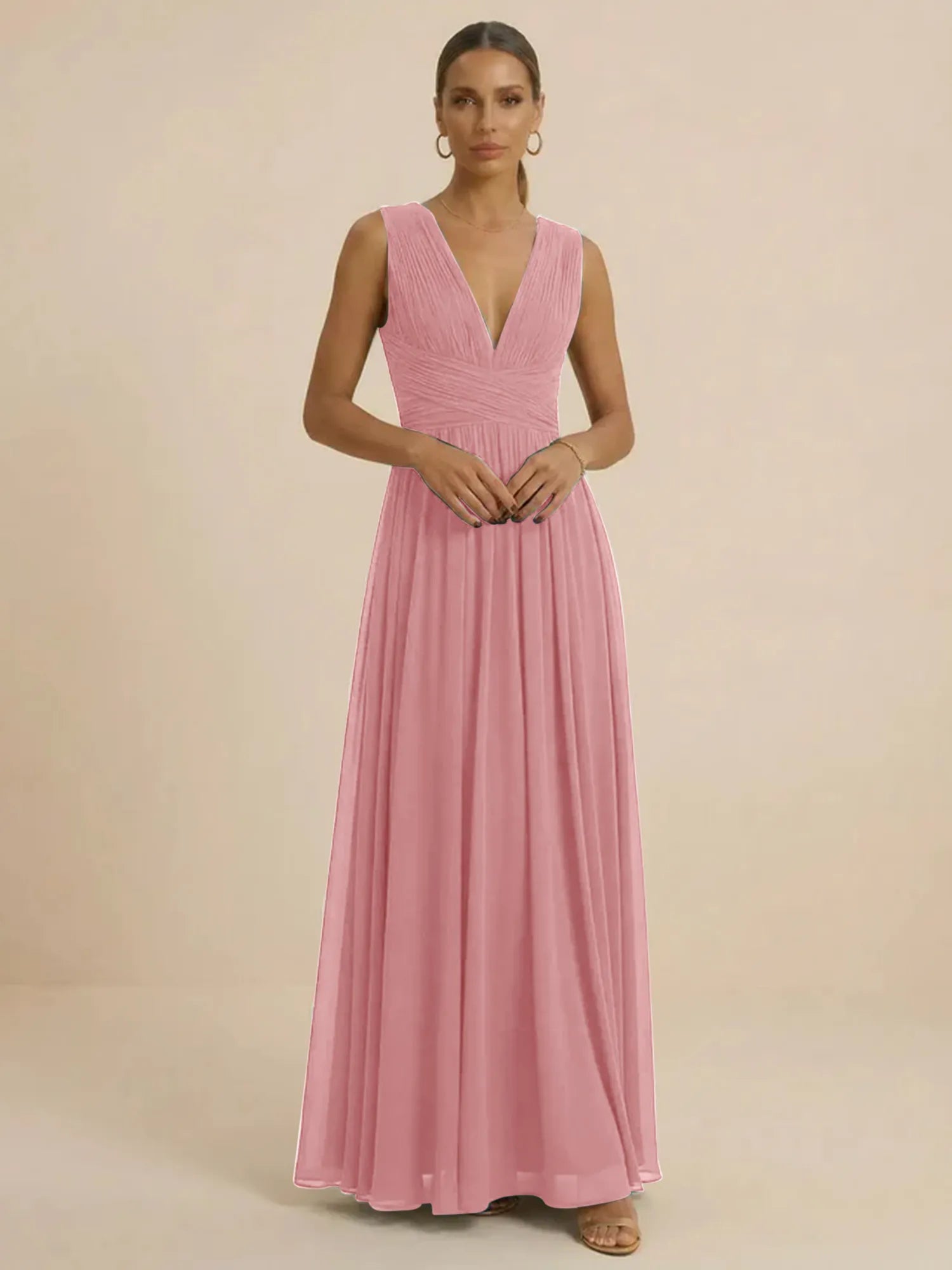 Teal Pleated V-Neck Chiffon Evening Gown with Ruched