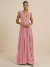 Teal Pleated V-Neck Chiffon Evening Gown with Ruched