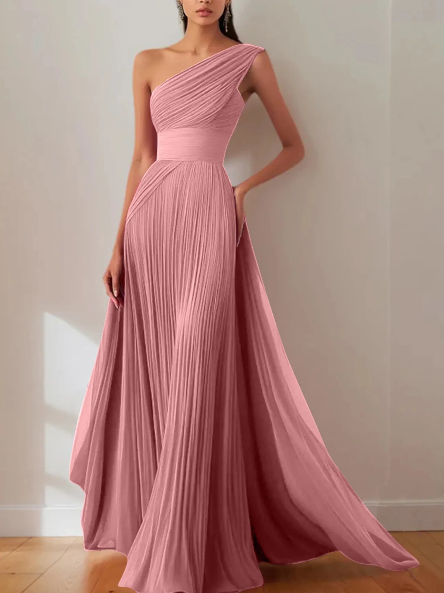 Prom Formal Pleated Dress Rose Color One-Shoulder Maxi Dress