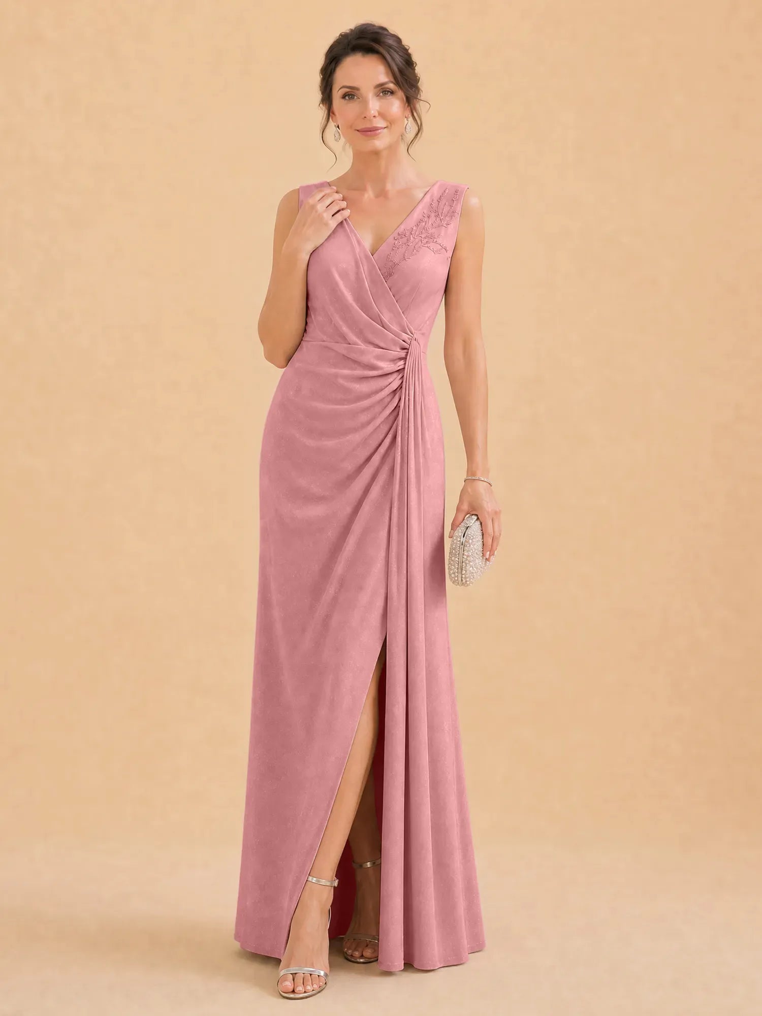 V-Neck Faux-Wrap Evening Gown with Side Draping Mother of The Bride Dresses