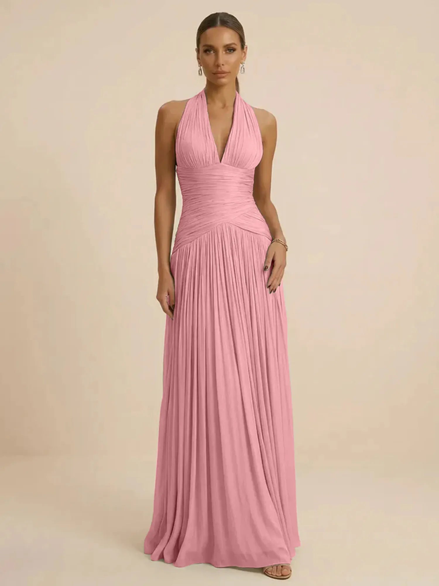 Sage Green Halter Neck Pleated Chiffon Evening Gown with Ruched