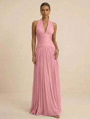 Sage Green Halter Neck Pleated Chiffon Evening Gown with Ruched