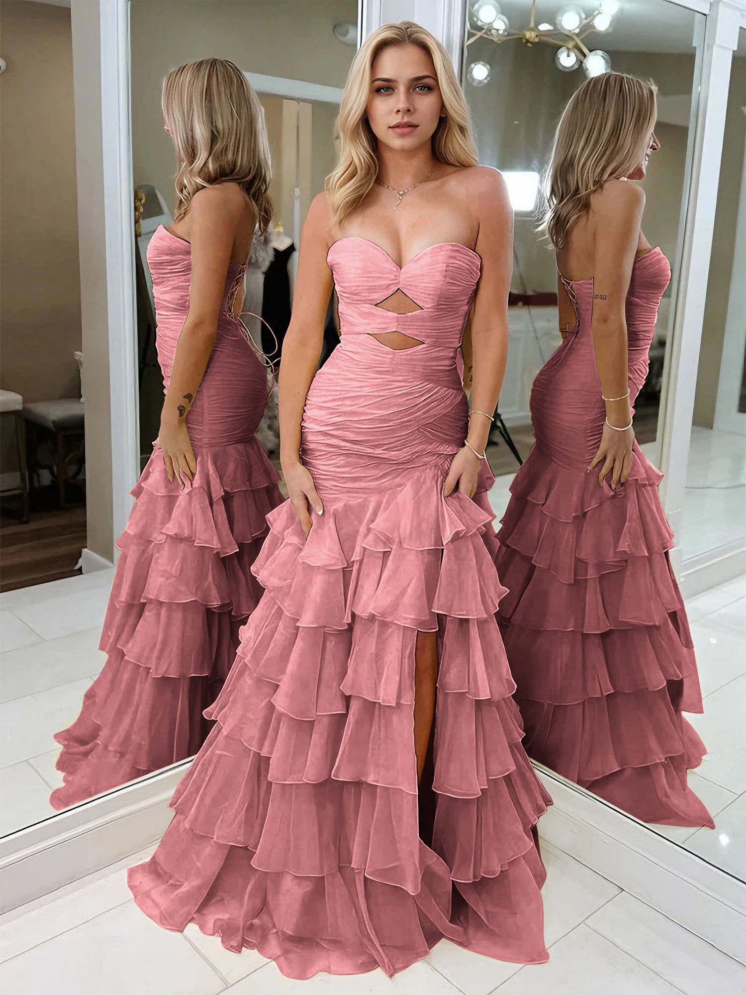 Yellow Strapless Mermaid Cutouts Ruffled Tiered Corset Back Prom Dress with Slit